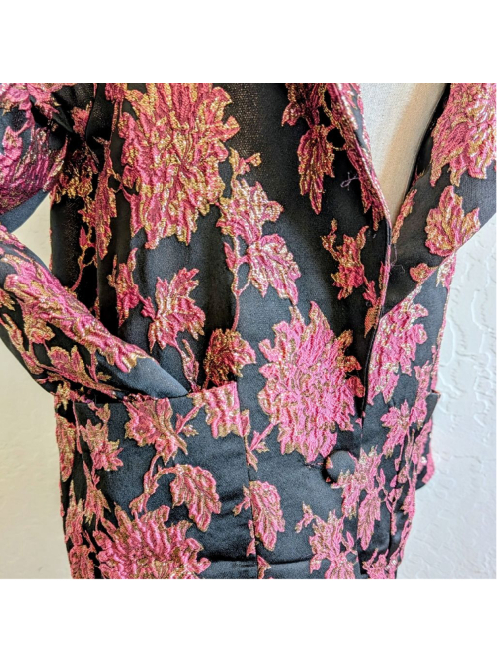 For Love & Lemons Pink Gold Floral Brocade Jacquard Longline Blazer Small - Picture 4 of 12